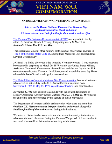 National Vietnam War Veterans Day Fact Sheet